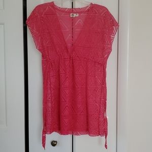 Hot Pink Lace Cinched Waist Bathing Suit Cover Up
